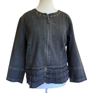 Ruby Rd XL gray blue denim zip front ruffled peplum stretch rivet neck jacket